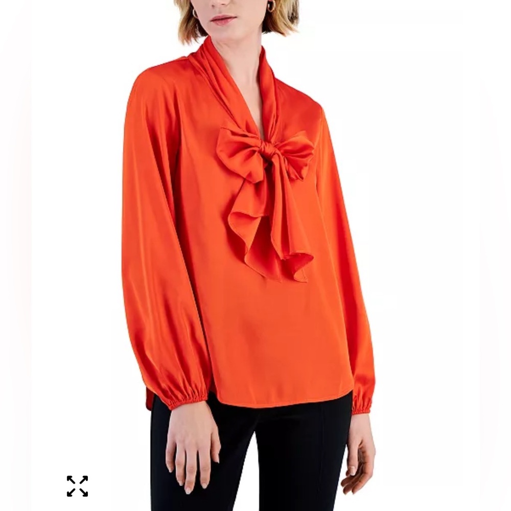 Bar III Women's Spice  Orange Bow-Tie Long-Sleeve High Neck Blouse.     XS.  NWT